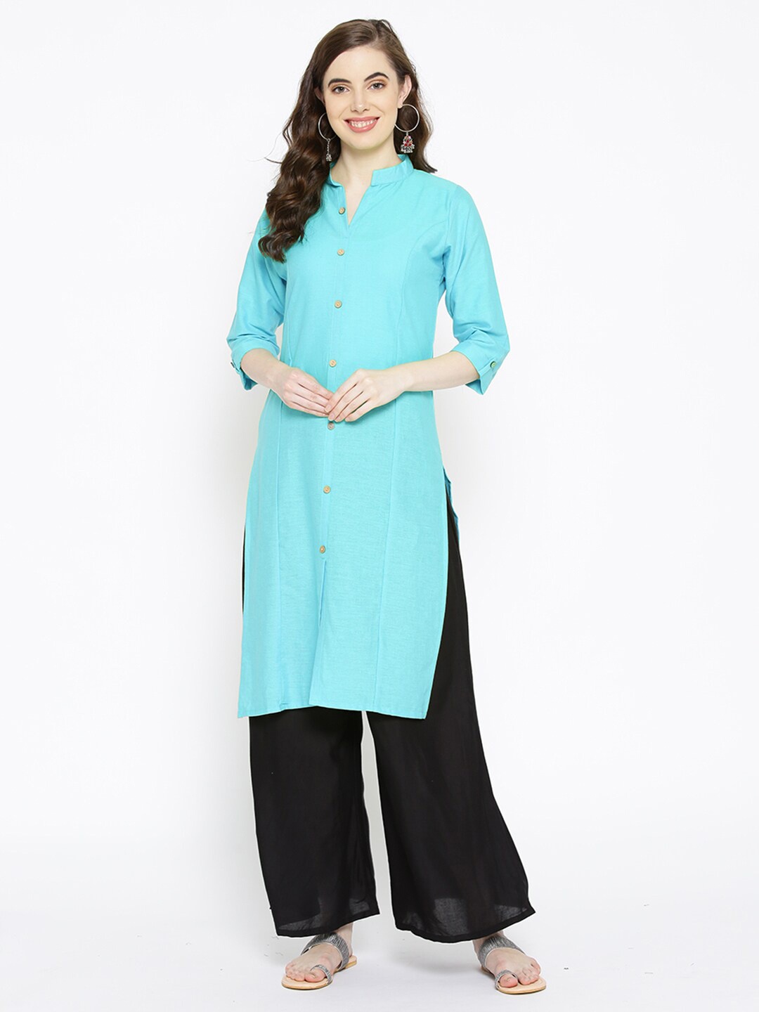 

KALINI Mandarin Collar Cotton Straight Kurta, Sea green