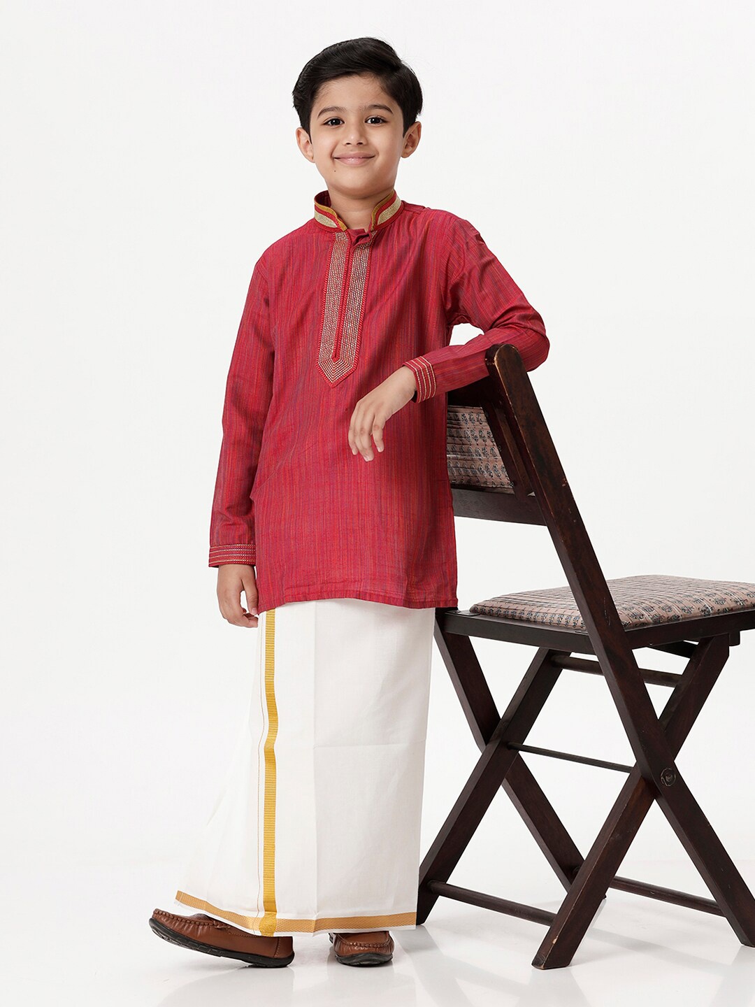 

Ramraj Boys Mandarin Collar Thread Work Straight Kurta With Dhoti, Red