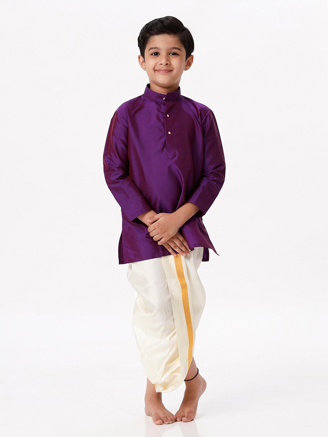 

Ramraj Boys Mandarin Collar Straight Kurta with Dhoti Pants, Violet