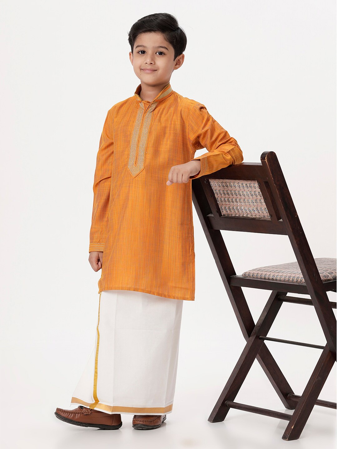 

Ramraj Boys Mandarin Collar Thread Work Straight Kurta With Dhoti, Orange