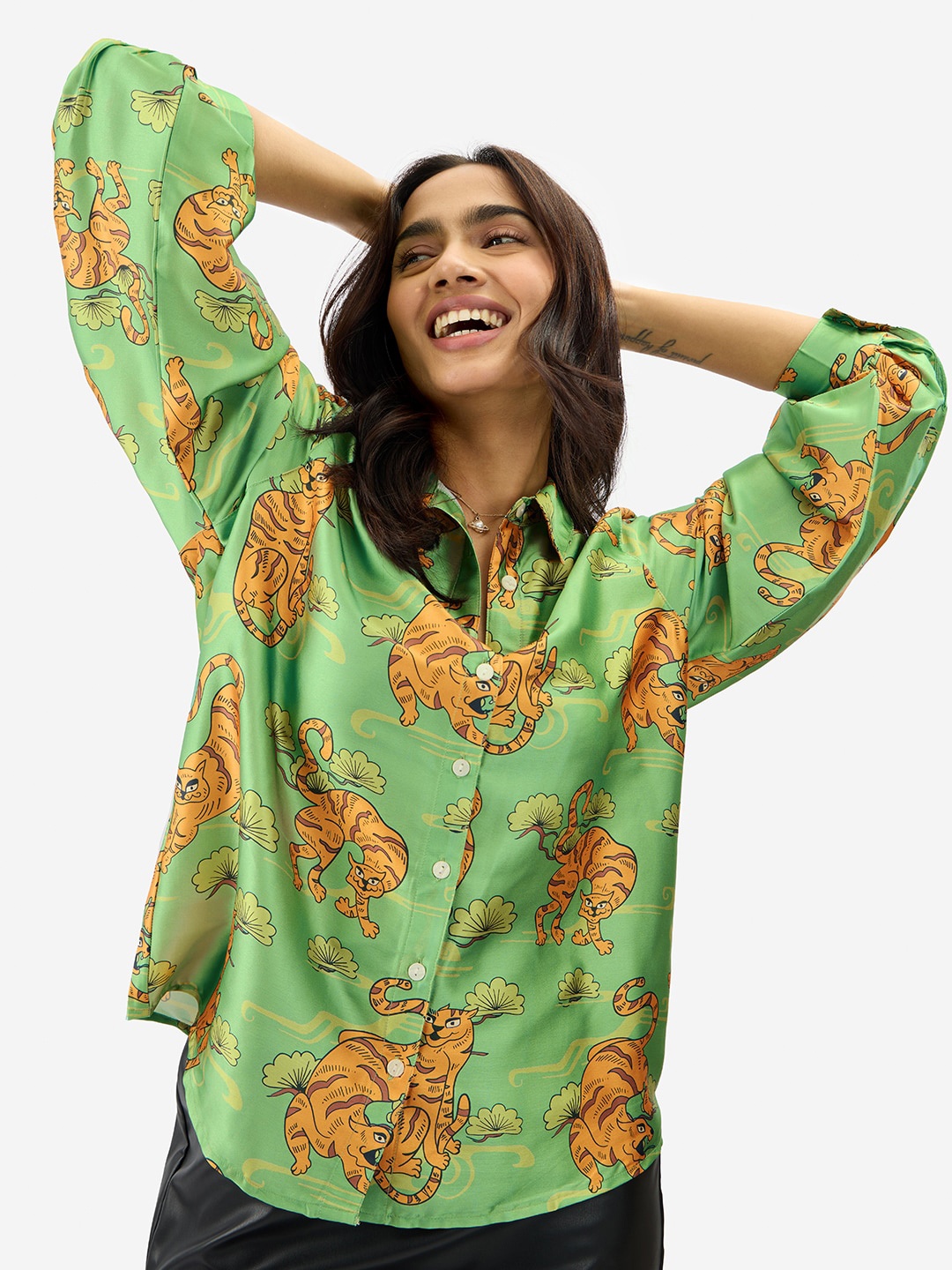 

The Souled Store Graphic Printed Spread Collar Casual Shirt, Green
