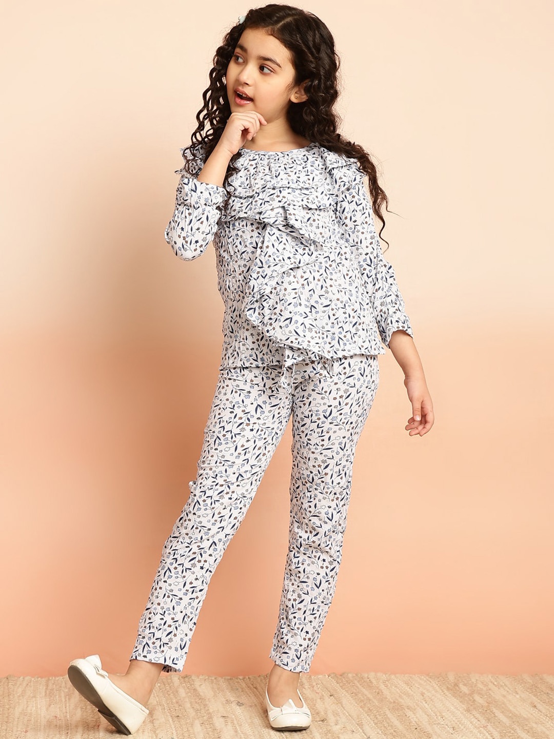 

BAESD Girls Floral Printed Ruffles Detailed Top With Trouser, White