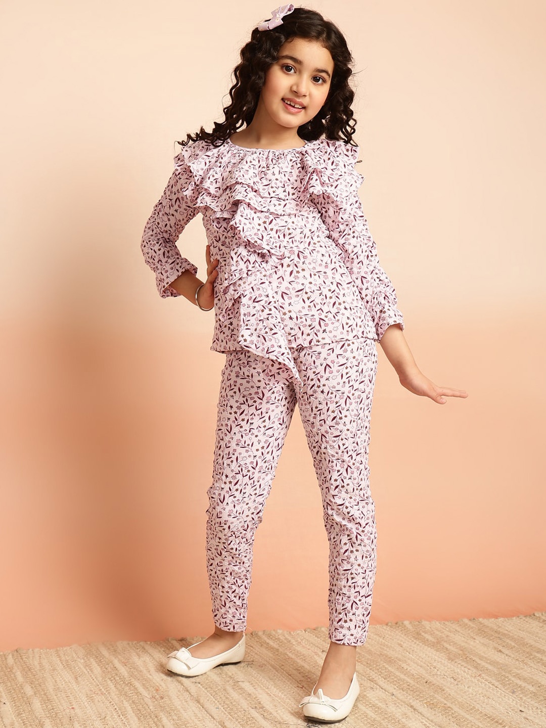 BAESD Girls Floral Printed Ruffles Detailed Top With Trouser, Pink