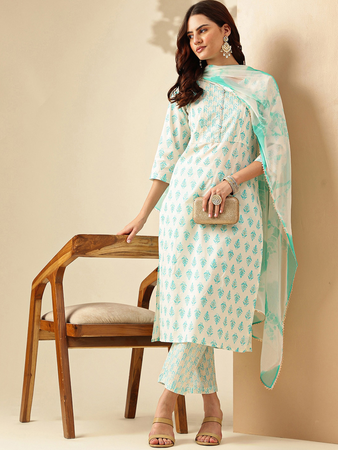 

Anouk Ethnic Motifs Printed Regular Pure Cotton Kurta With Trousers & Dupatta, White