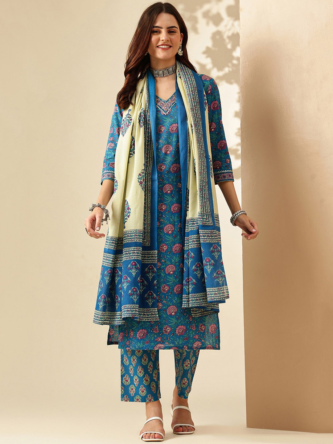 

Anouk Floral Printed Regular Pure Cotton Kurta With Trousers & Dupatta, Blue