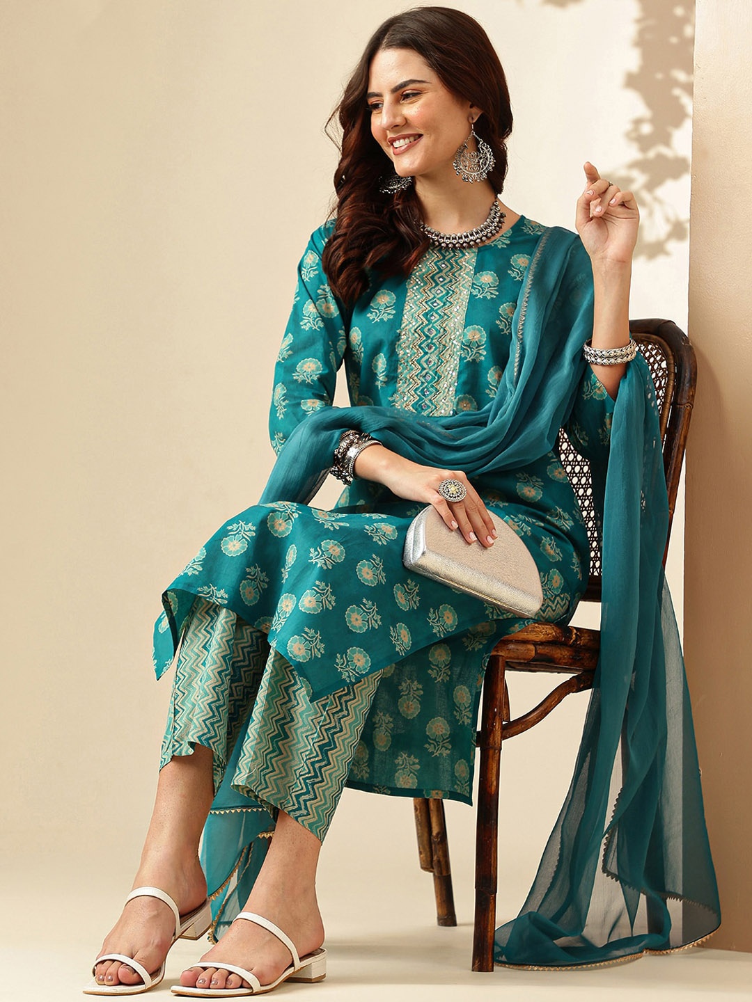 

Anouk Printed Regular Pure Cotton Kurta With Trousers & Dupatta, Blue