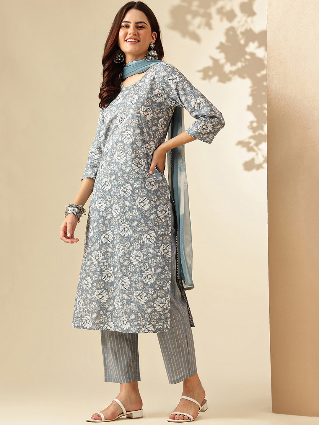 

Anouk Ethnic Motifs Printed Regular Mirror Work Pure Cotton Kurta With Trousers & Dupatta, Grey