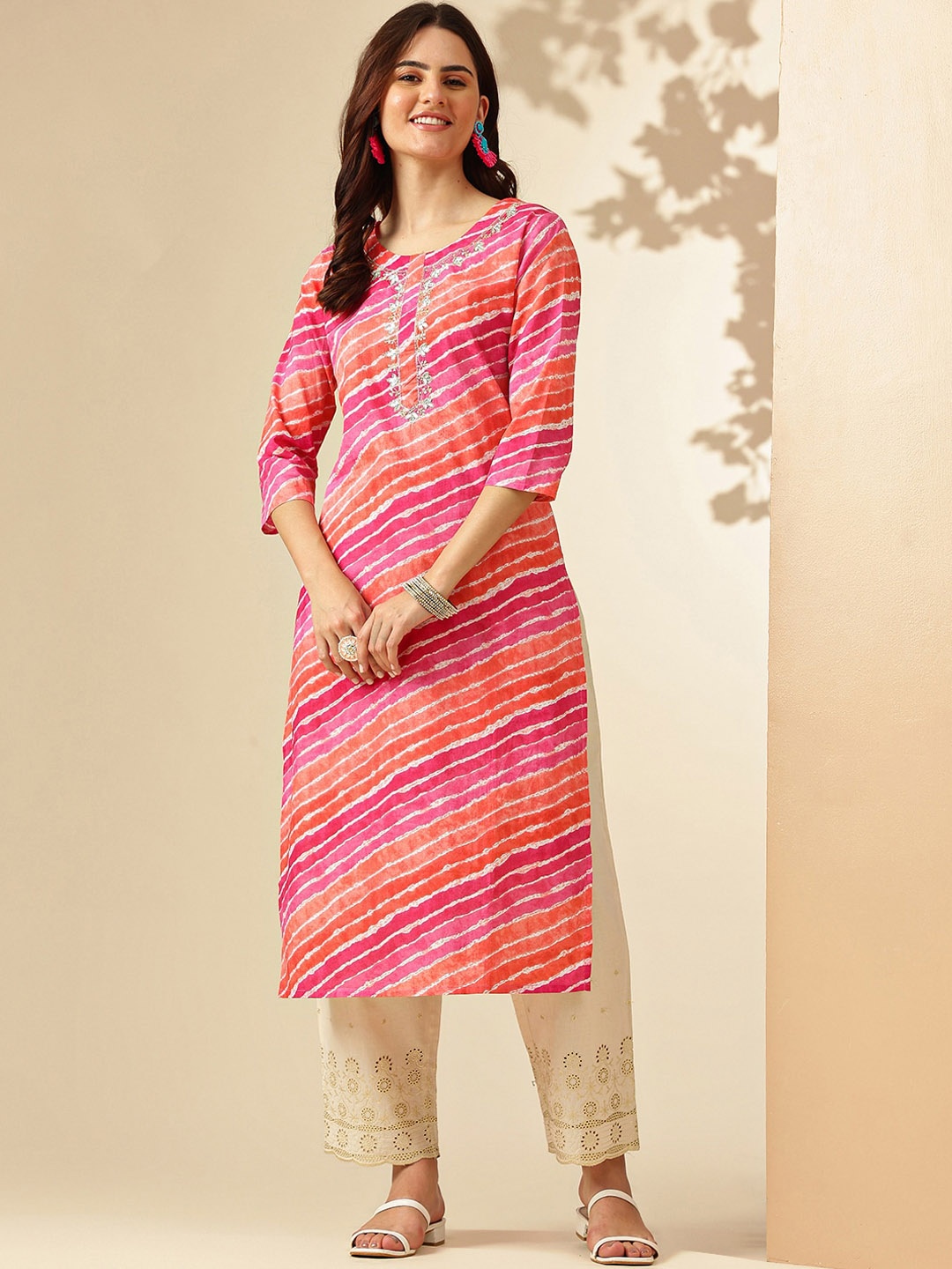 

Anouk Women Striped Mirror Work Kurta, Multi