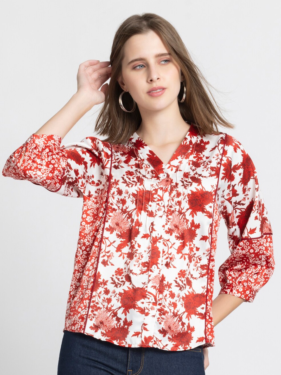 

SHAYE Floral Print Satin Shirt Style Top, Red