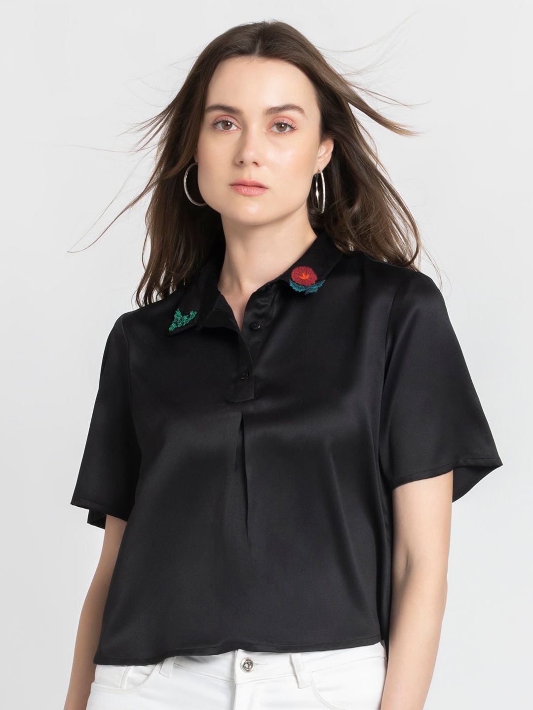 

SHAYE Satin Shirt Style Top, Black