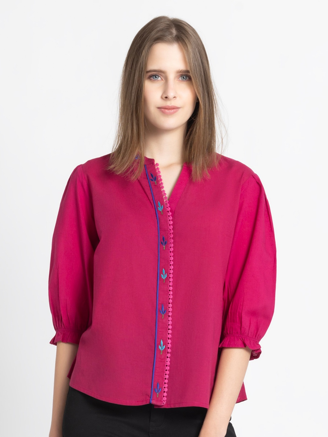 

SHAYE Mandarin Collar Cotton Shirt Style Top, Pink