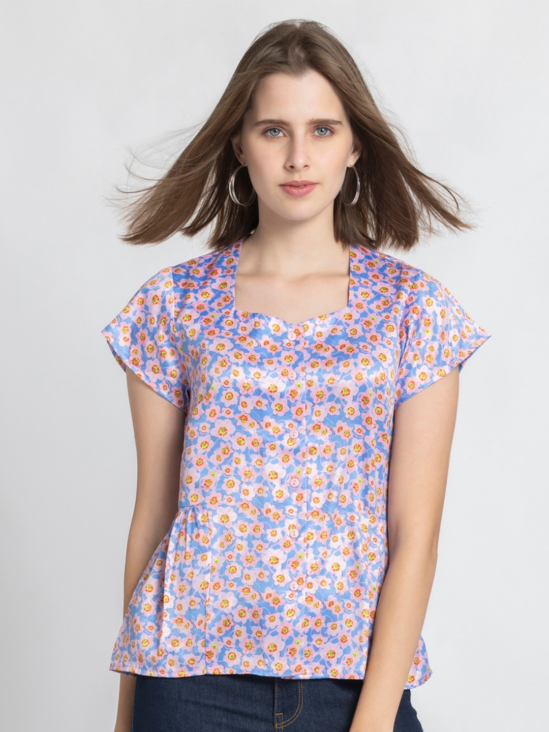 

SHAYE Floral Print Satin Top, Blue
