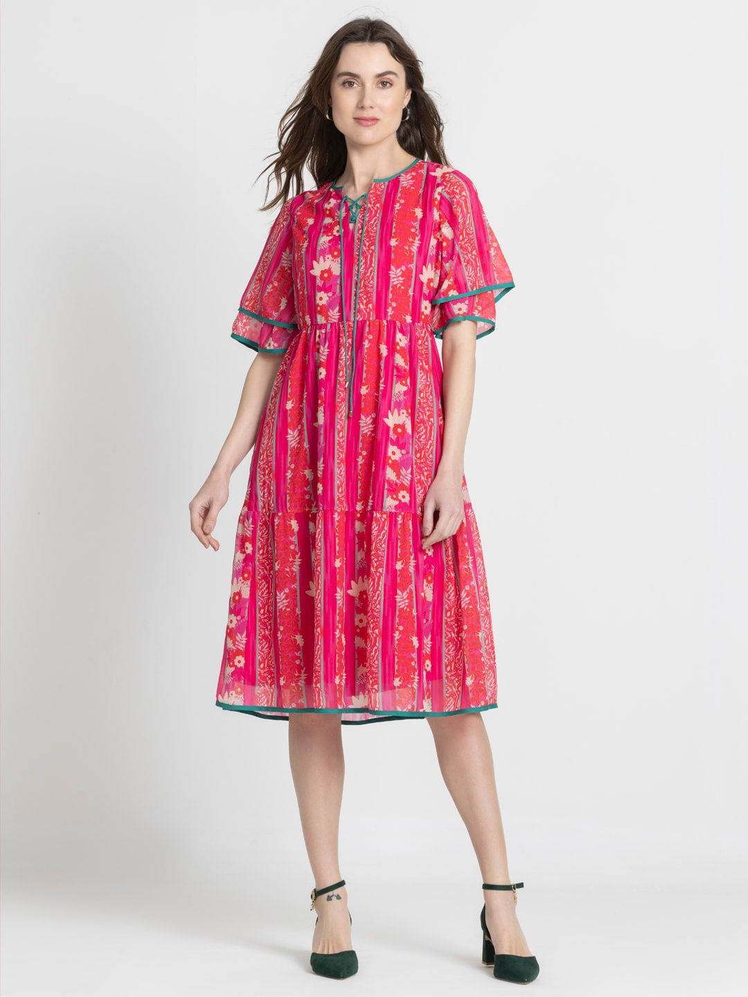

SHAYE Ethnic Motifs Print Flared Sleeve A-Line Dress, Pink