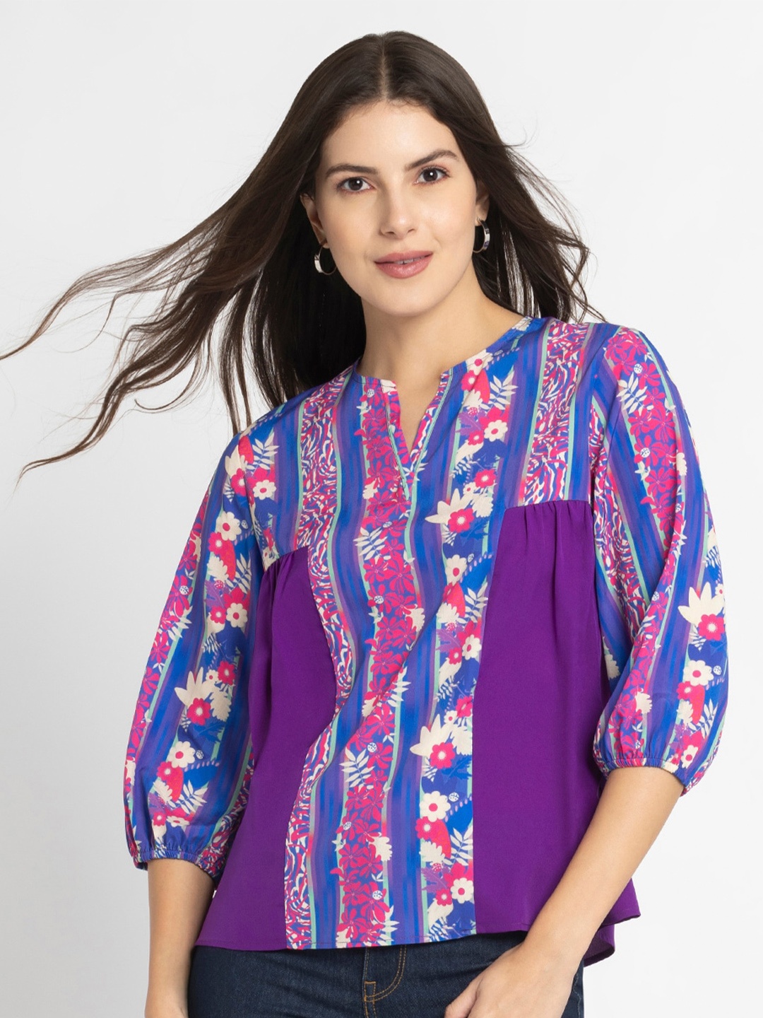 

SHAYE Print Mandarin Collar Crepe Top, Purple