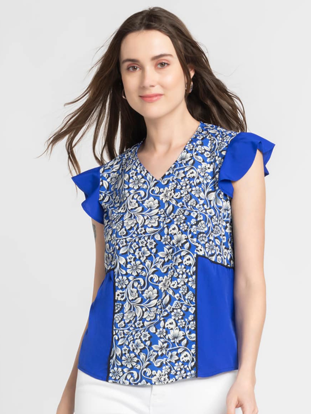 

SHAYE Floral Print Flutter Sleeve Crepe Top, Blue