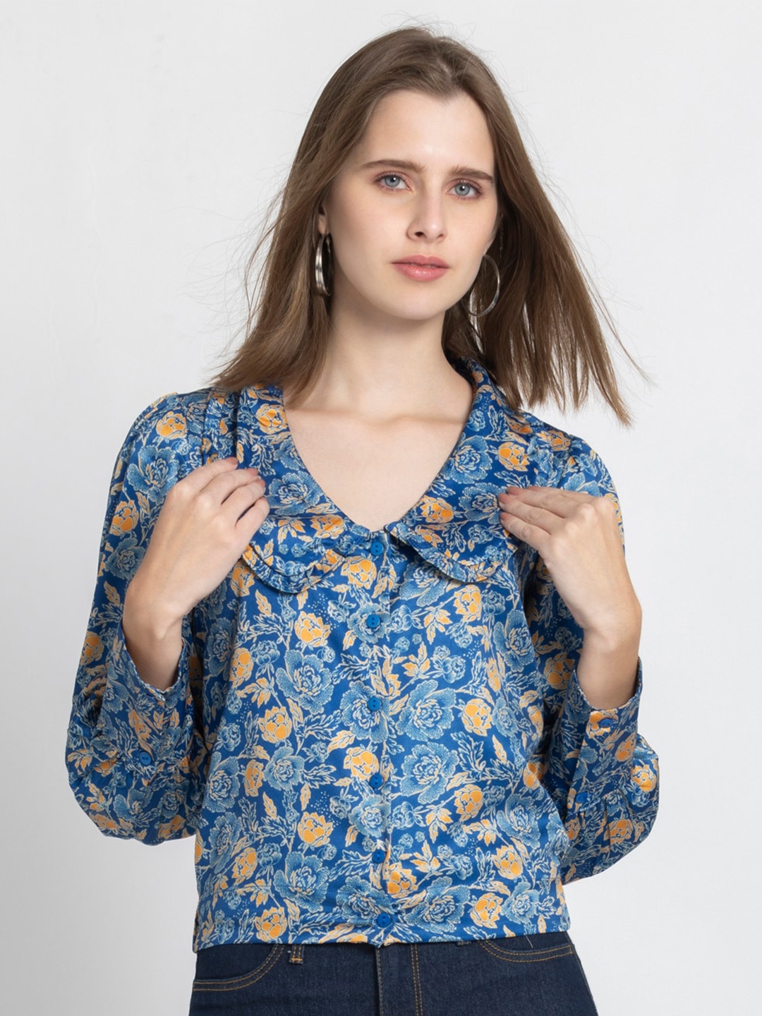 

SHAYE Floral Print Satin Shirt Style Top, Blue