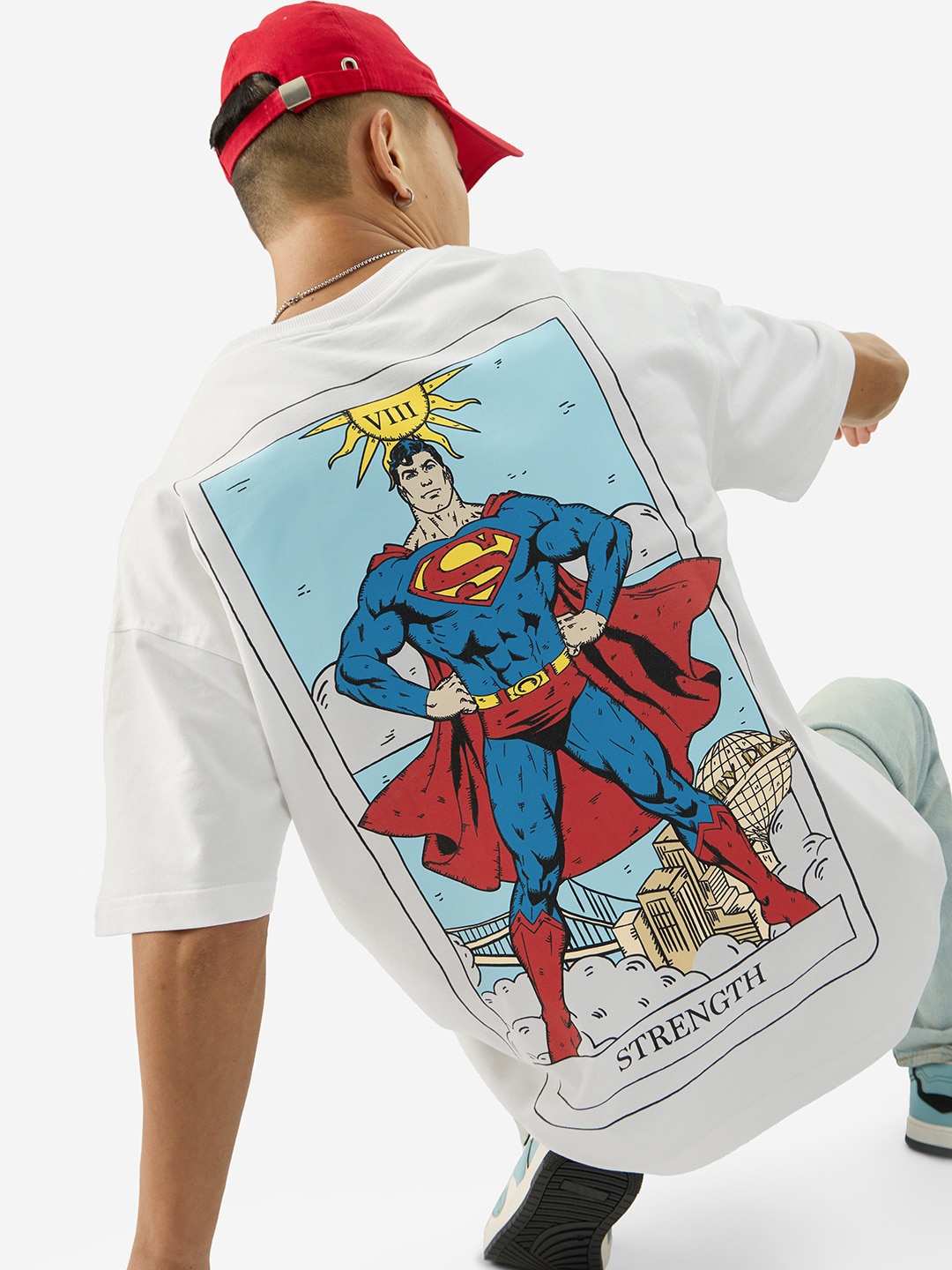 

The Souled Store White Superman Printed Drop-Shoulder Sleeves Cotton Oversized T-shirt