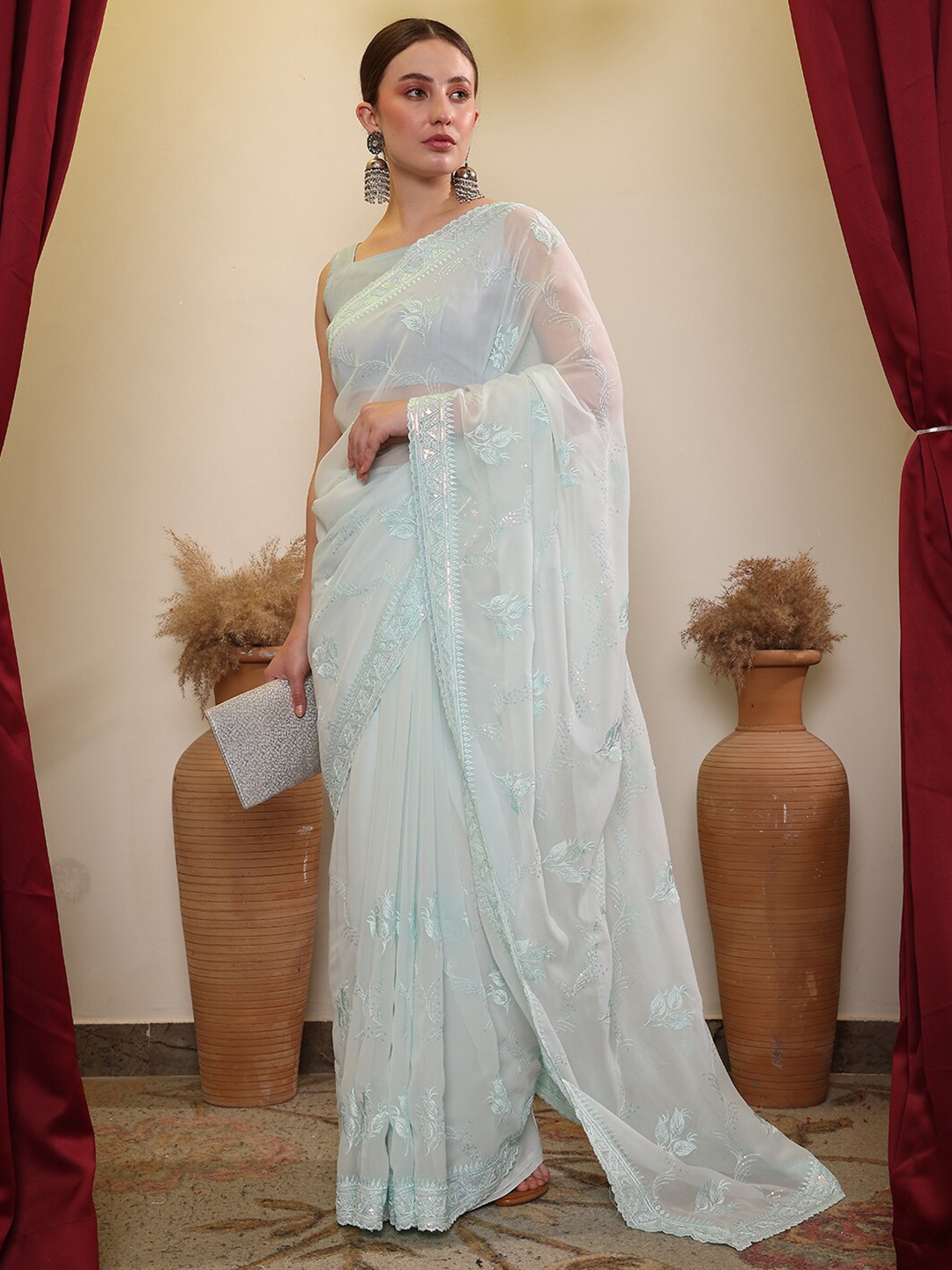 

House of Pataudi Ethnic Embroidered Saree, Blue