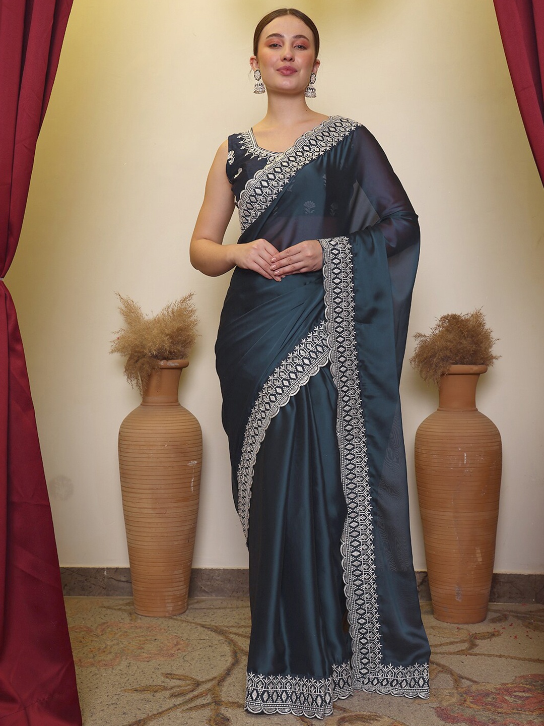 

House of Pataudi Ethnic Embroidered Border Saree, Teal