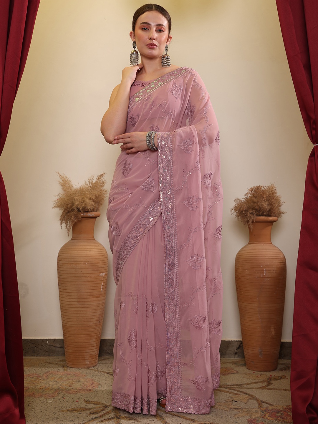 House of Pataudi Ethnic Embroidered Saree, Purple