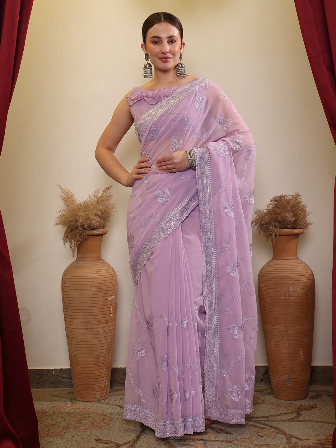 

House of Pataudi Ethnic Embroidered Saree, Lavender