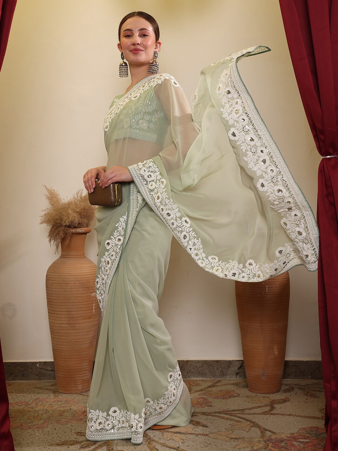 House of Pataudi Ethnic Embroidered Saree, Olive