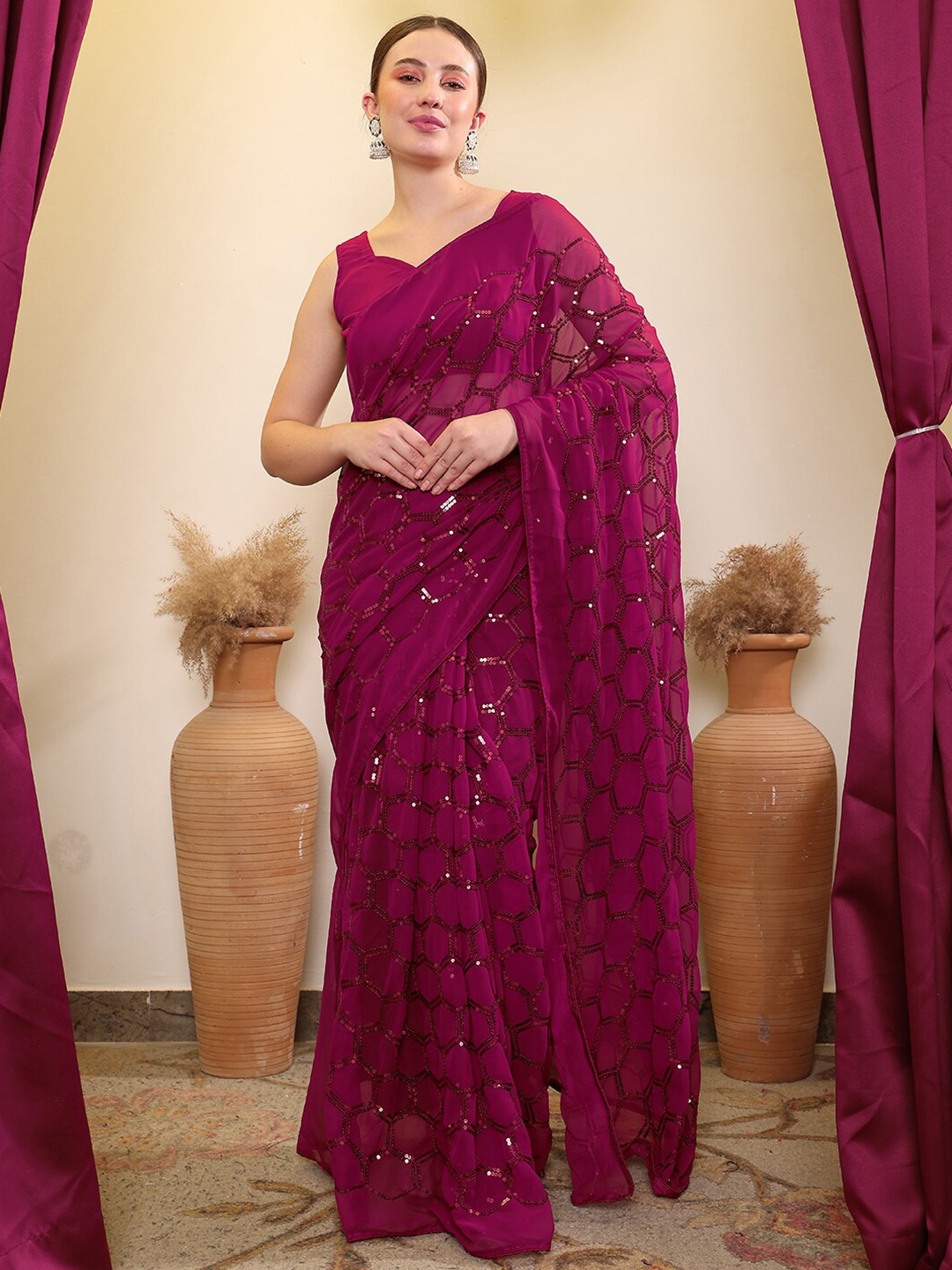 House of Pataudi Sequence Embroidered Saree With Blouse, Purple