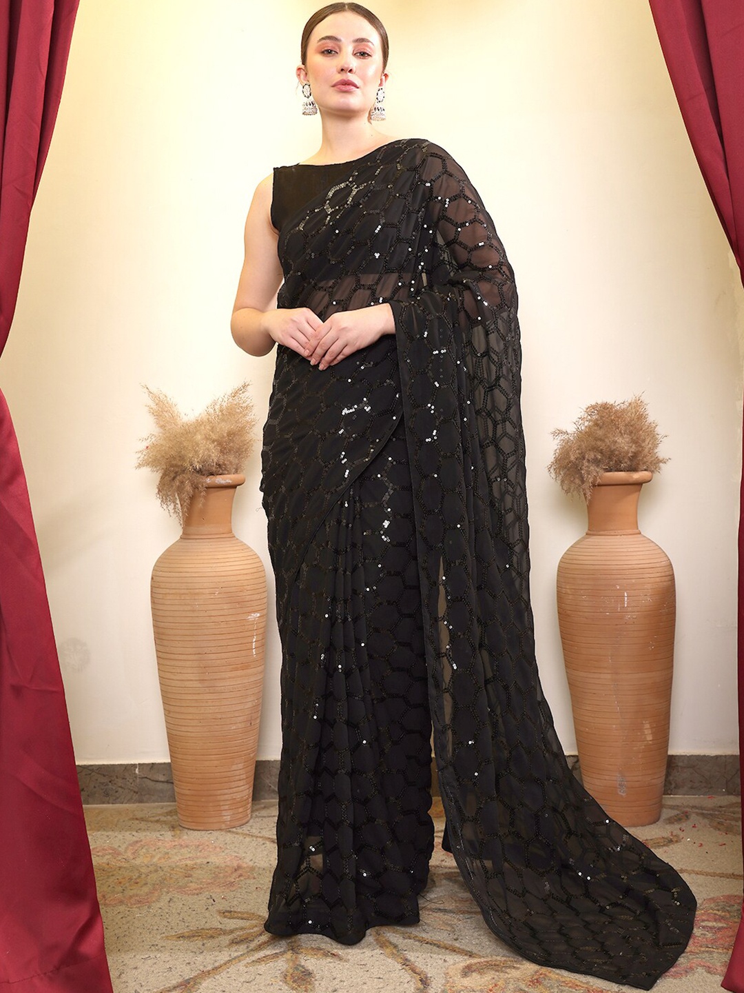 

House of Pataudi Ethnic Sequence Embroidered Saree, Black