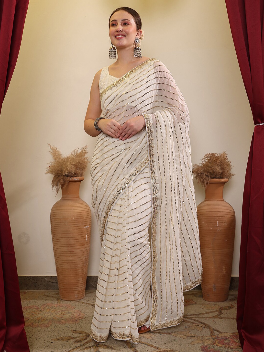

House of Pataudi Sequence Ethnic Embroidered Saree, White