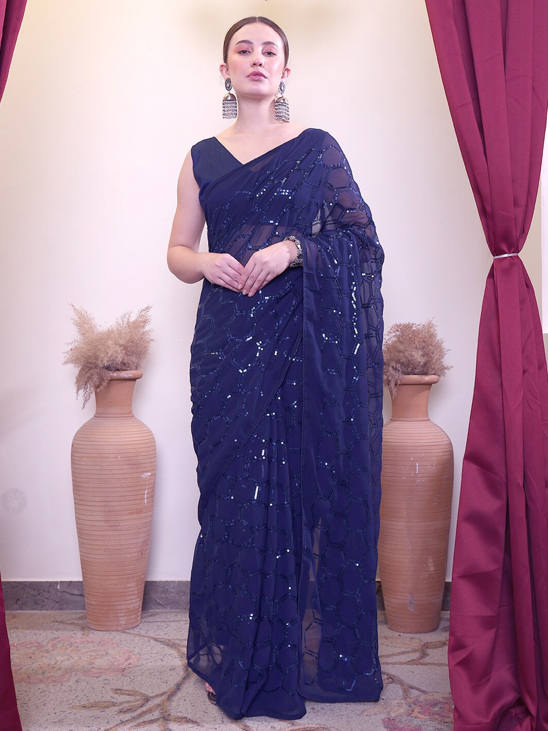 House of Pataudi Ethnic Sequence Embroidered Saree, Navy blue
