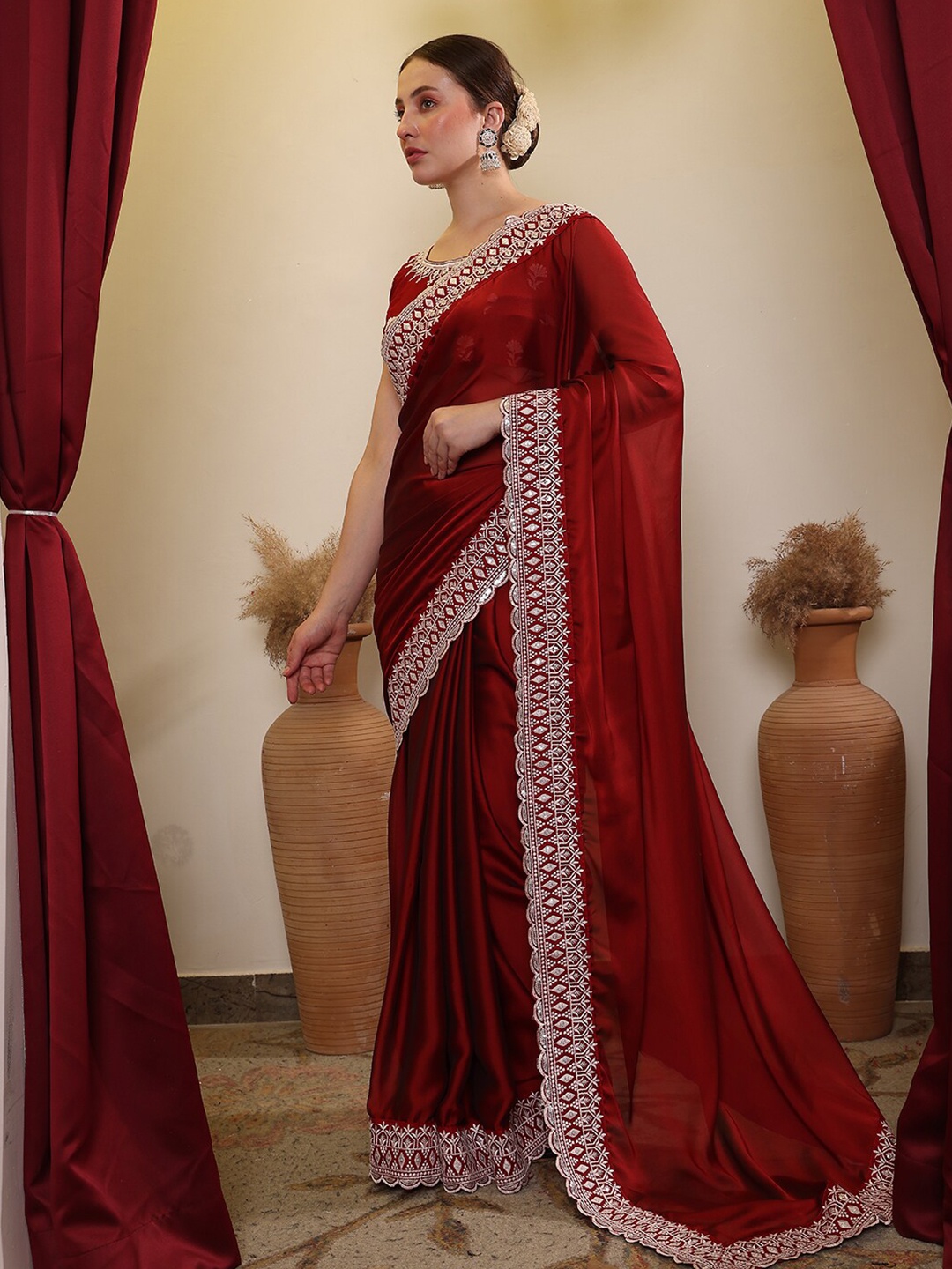 

House of Pataudi Ethnic Embroidered Saree, Maroon