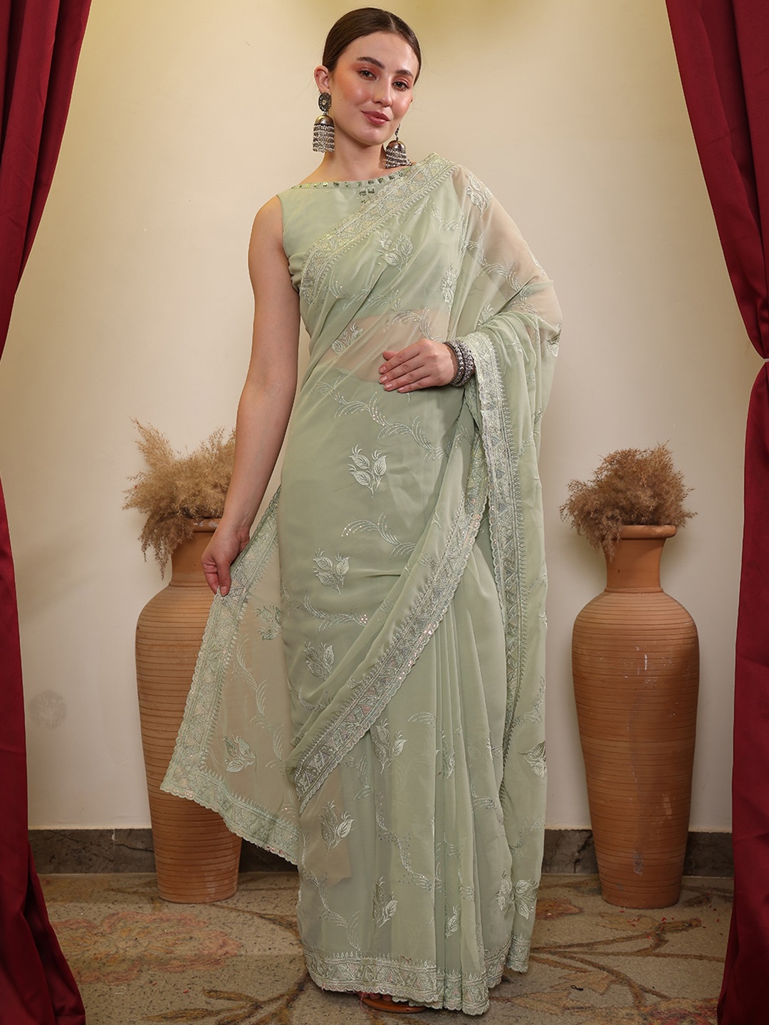 

House of Pataudi Embroidered Saree With Blouse, Olive