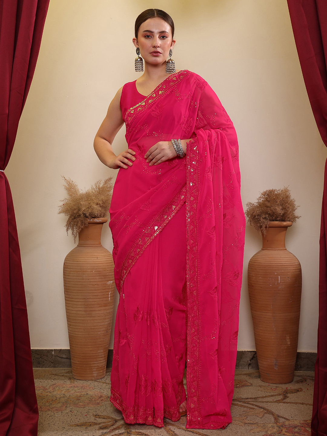 

House of Pataudi Ethnic Embroidered Saree, Magenta