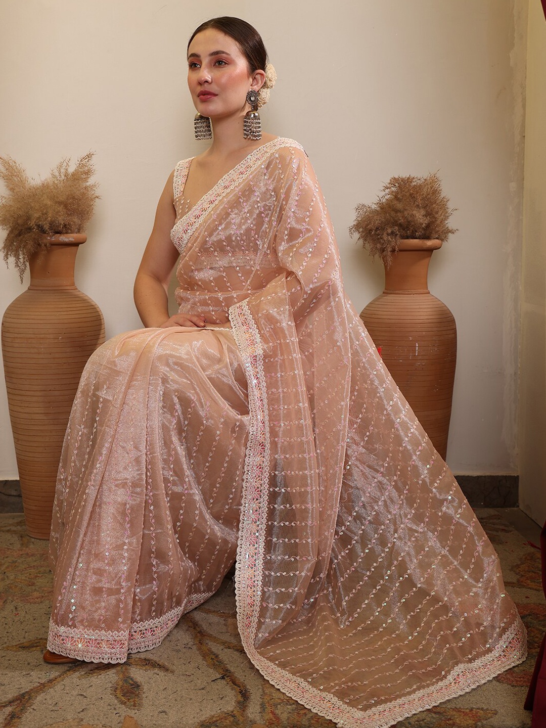 

House of Pataudi Ethnic Sequence Embroidered Saree, Cream