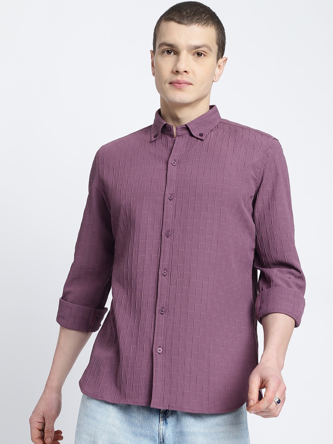 

HighRider Men Classic Opaque Checked Casual Shirt, Lavender