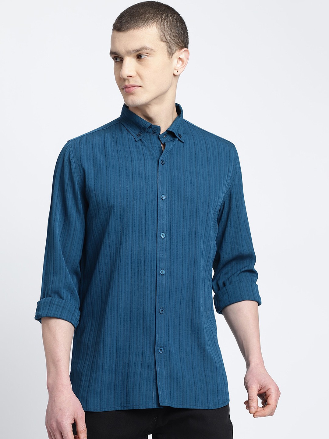 

HighRider Men Classic Opaque Striped Casual Shirt, Teal