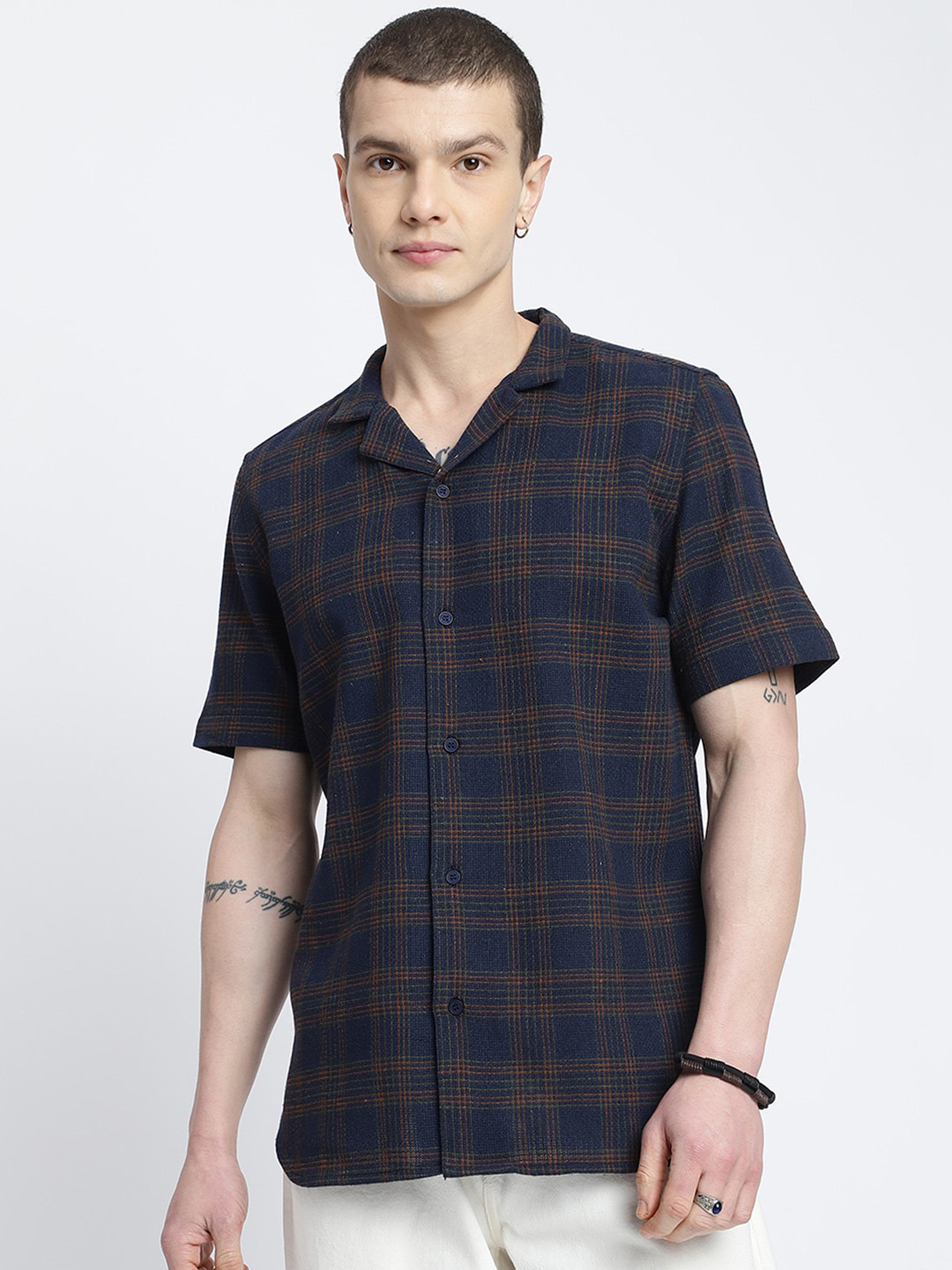 

HighRider Men Classic Tartan Checks Opaque Checked Casual Shirt, Navy blue