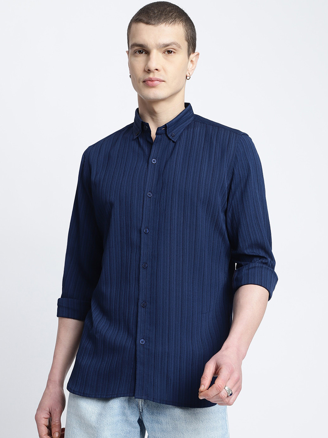 

HighRider Men Classic Opaque Striped Casual Shirt, Navy blue