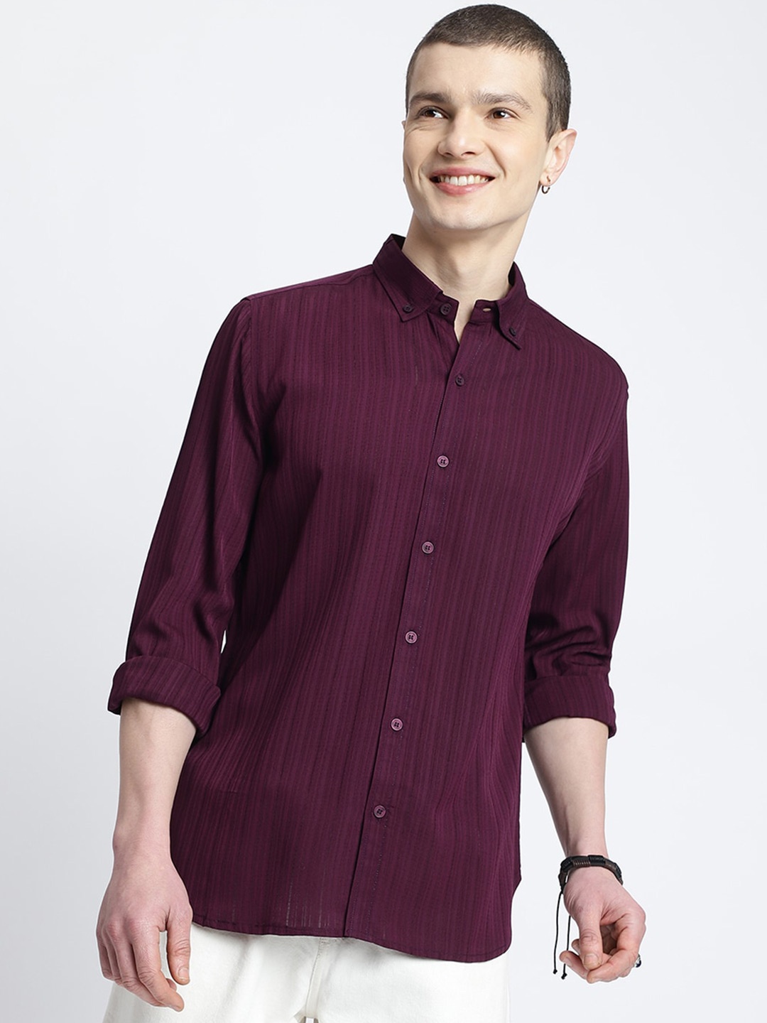 

HighRider Men Classic Opaque Striped Casual Shirt, Pink