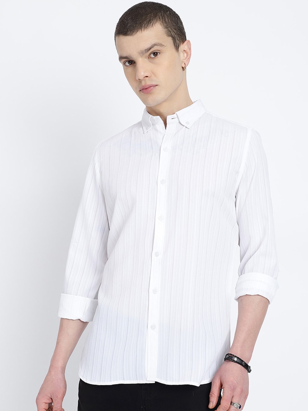 

HighRider Men Classic Opaque Striped Casual Shirt, White