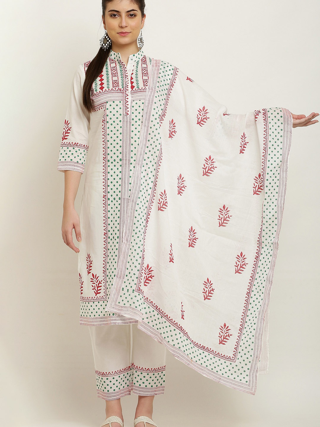 

RIVI Printed Regular Pure Cotton Kurta with Trouser & Dupatta, Off white