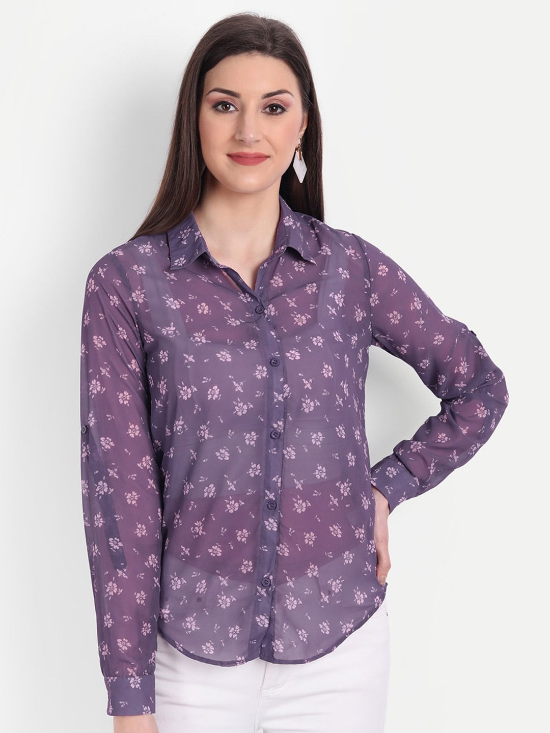 

CHARMGAL Women Relaxed Floral Semi Sheer Printed Casual Shirt, Purple