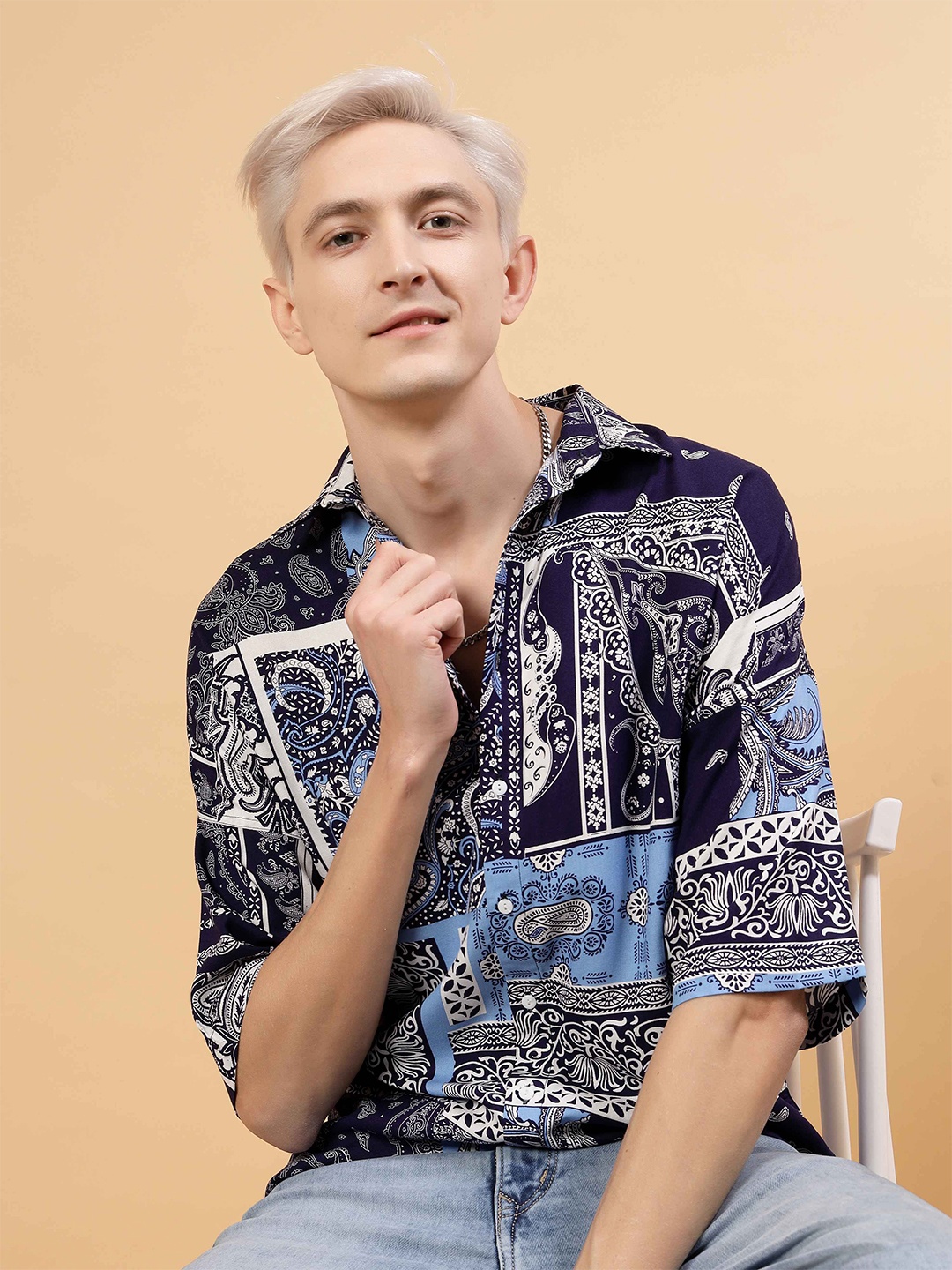 

Rigo Comfort Paisley Printed Drop-Shoulder Sleeves Oversized Casual Shirt, Blue