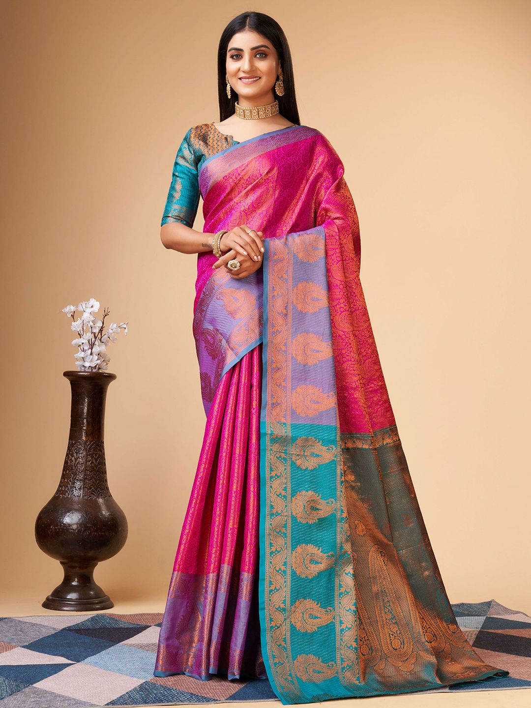 

V3 FASHION STUDIO Ethnic Motifs Woven Design Zari Pure Silk Banarasi Saree, Pink