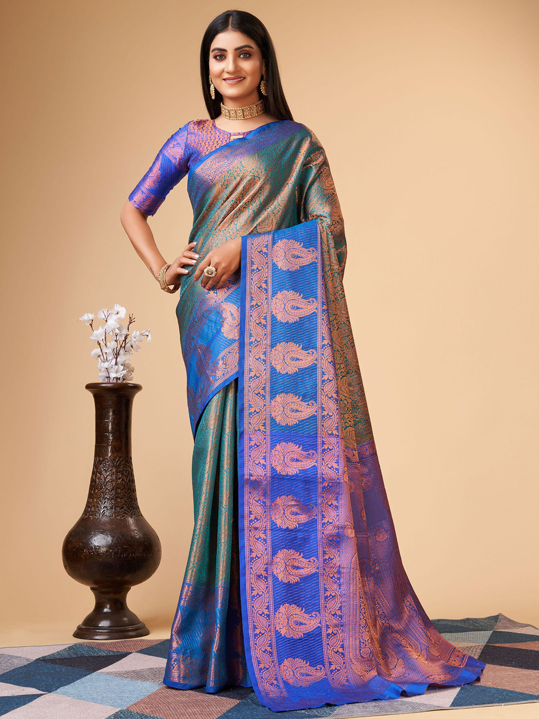 

V3 FASHION STUDIO Ethnuic Motifs Woven Design Zari Pure Silk Banarasi Saree, Blue