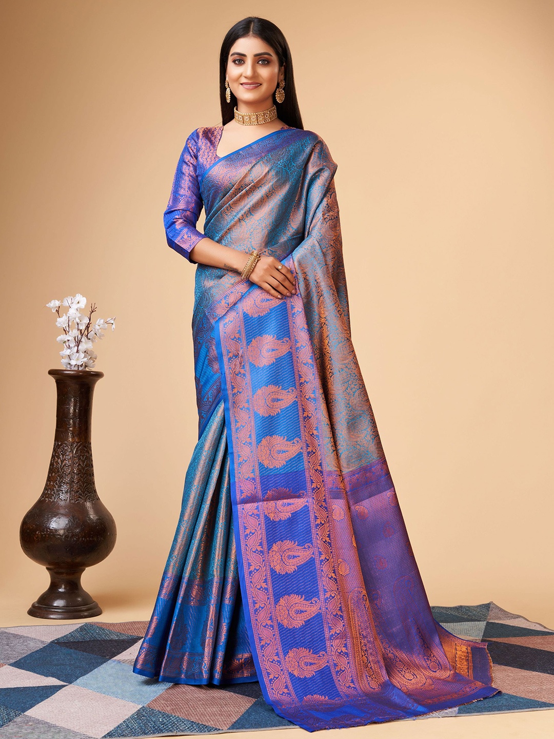 

V3 FASHION STUDIO Ethnic Motifs Woven Design Zari Pure Silk Banarasi Saree, Blue