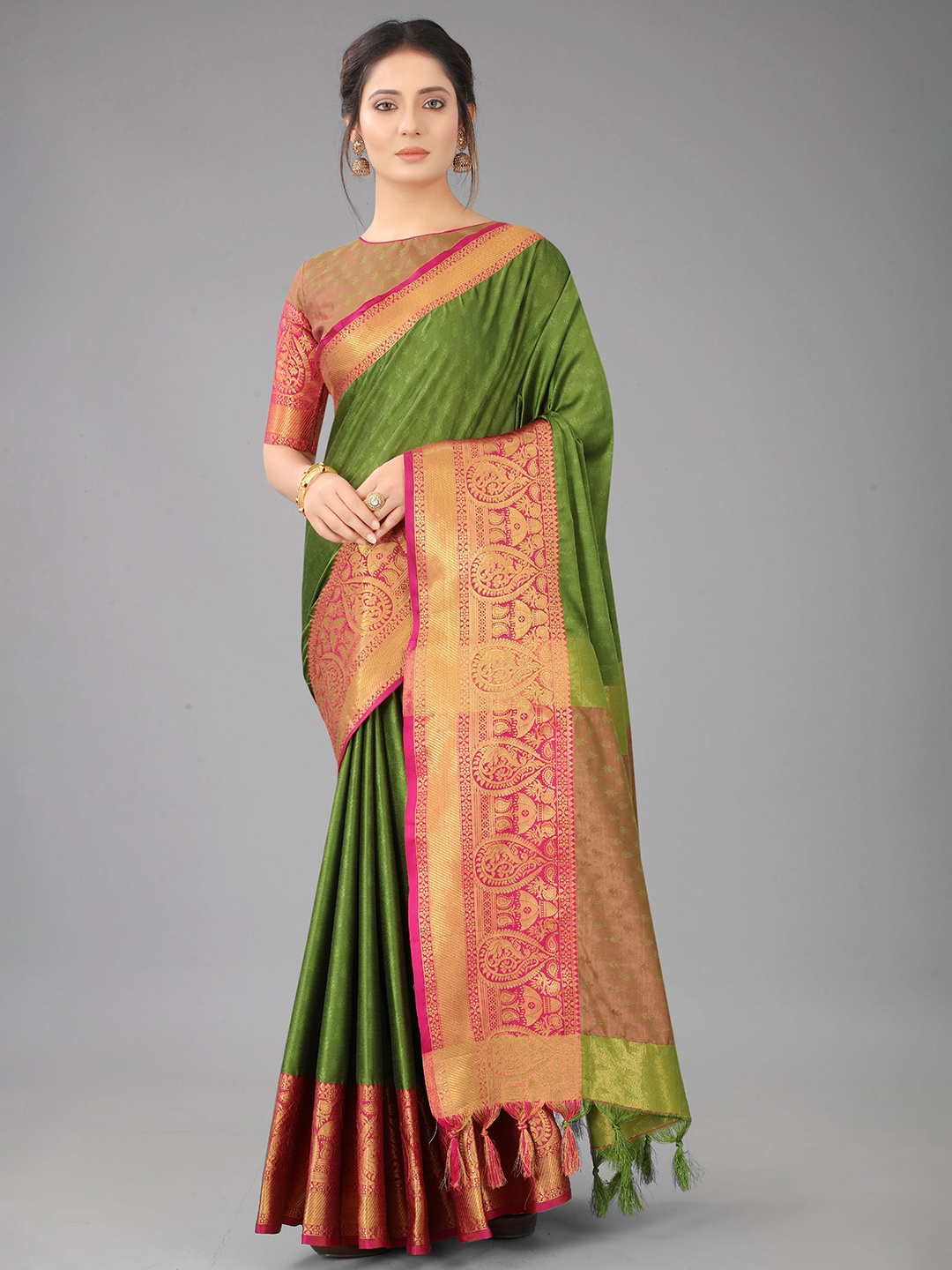 

V3 FASHION STUDIO Woven Design Zari Pure Silk Banarasi Saree, Green