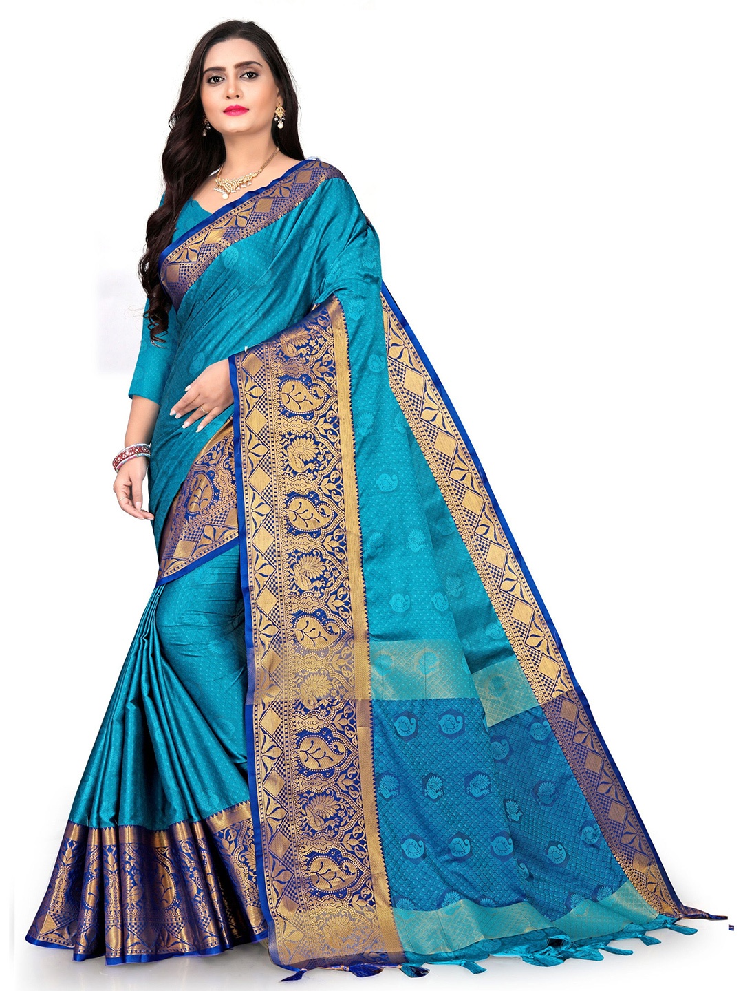 

V3 FASHION STUDIO Ethnic Woven Design Zari Pure Silk Banarasi Saree, Blue
