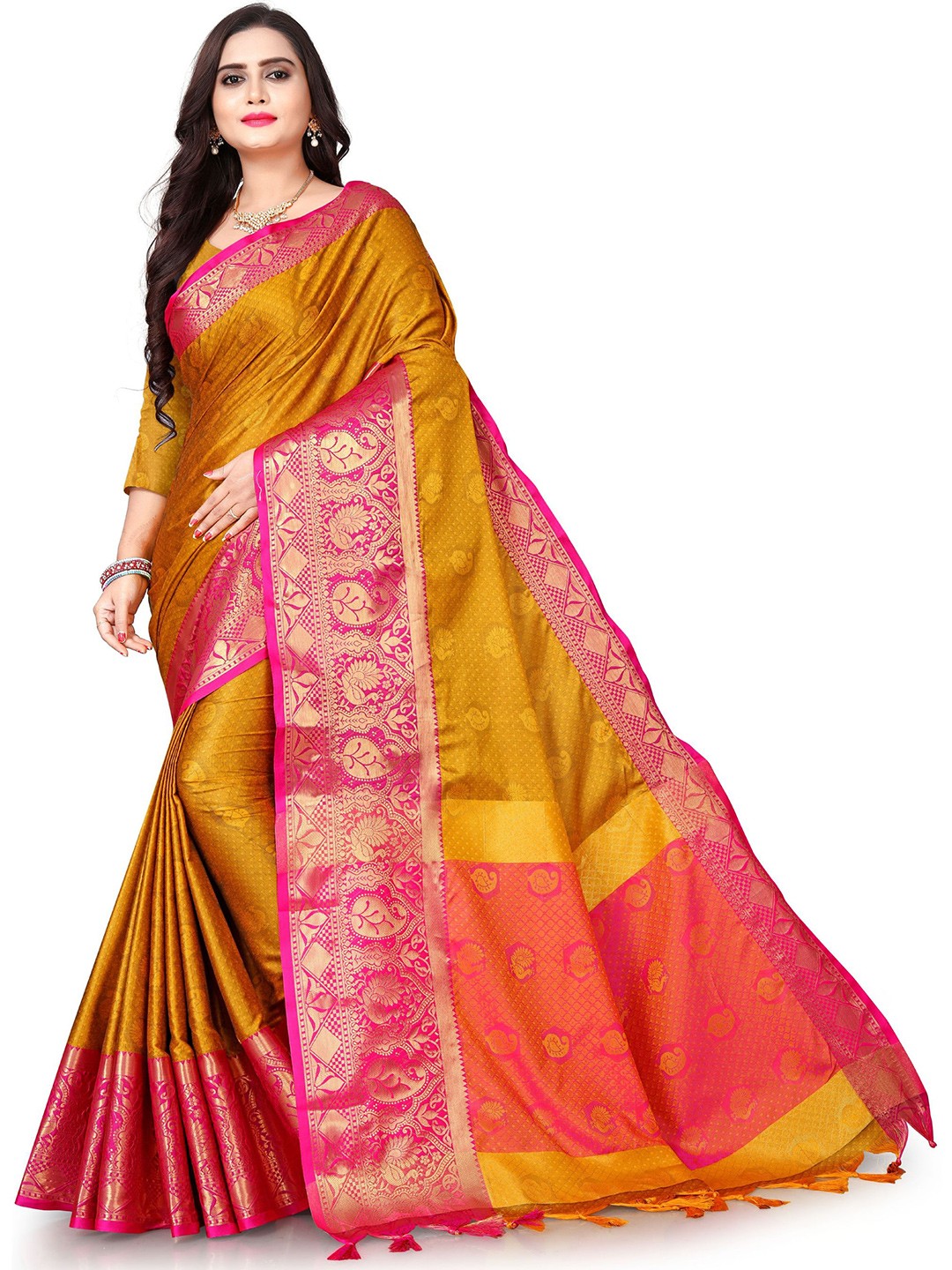 

V3 FASHION STUDIO Ethnic Motifs Woven Design Zari Pure Silk Banarasi Saree, Orange