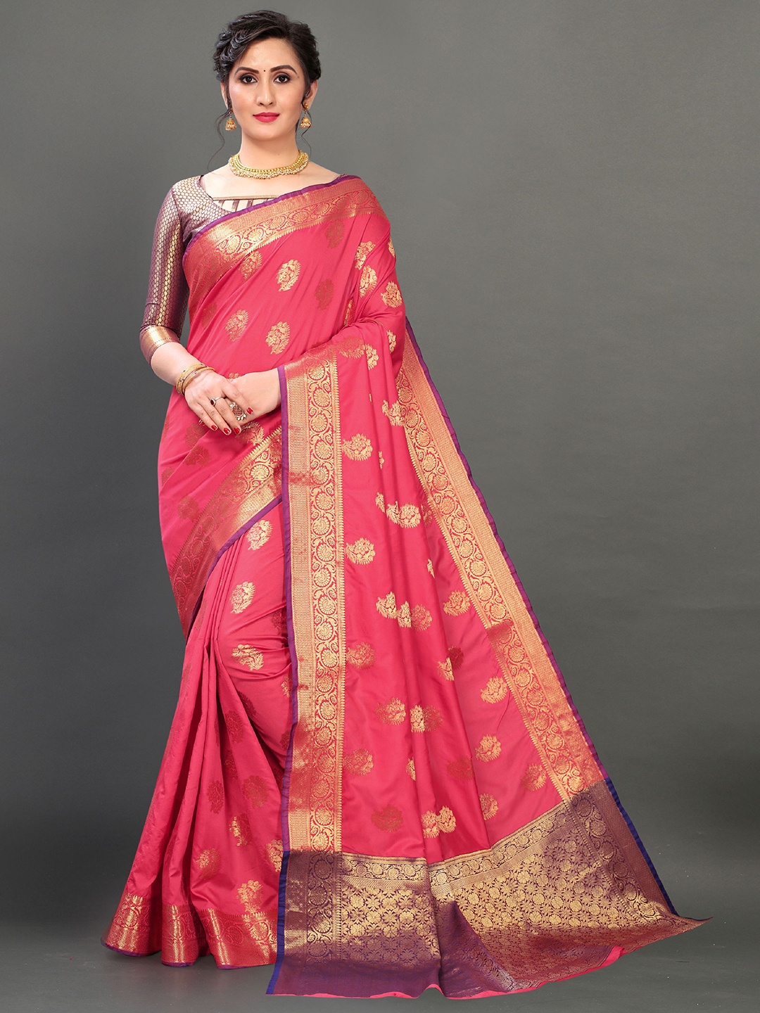 

V3 FASHION STUDIO Woven Design Zari Pure Silk Banarasi Saree, Pink